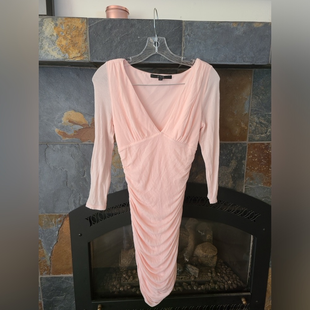 Guess Luiza Pink Deep V Neck Ruched Midi Bodycon Dress with Sheer Sleeves small